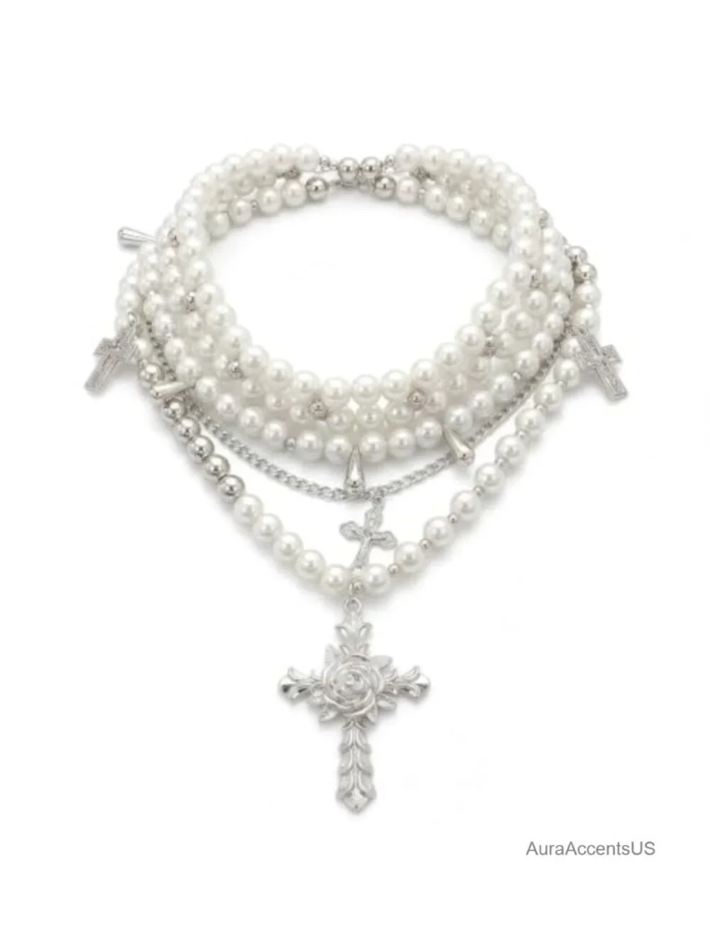 Layered Faux Pearl Cross Choker Necklace Women Silver-Tone Gothic Punk Y2K